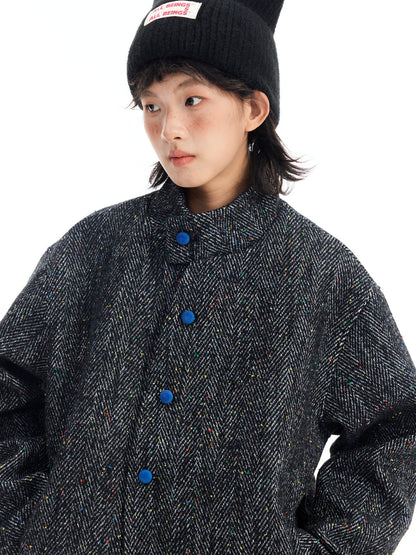 Japanese Retro Color-Block Herringbone Wool Coat - Curved Stand Collar (Women)
