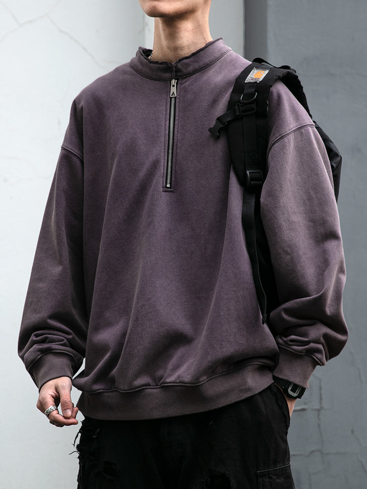 465G Snowflake Molle Diagonal Half-Zip Sweatshirt Men's Boxy Short Wide Washed Vintage Pullover Jacket Trendy