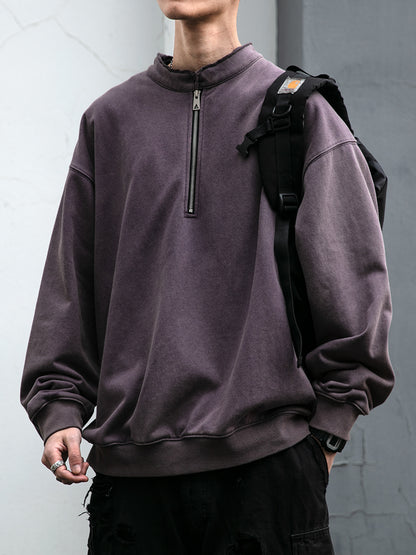 Unisex 465g Washed Vintage Sweatshirt - Boxy Half-Zip Snowflake Knit Pullover