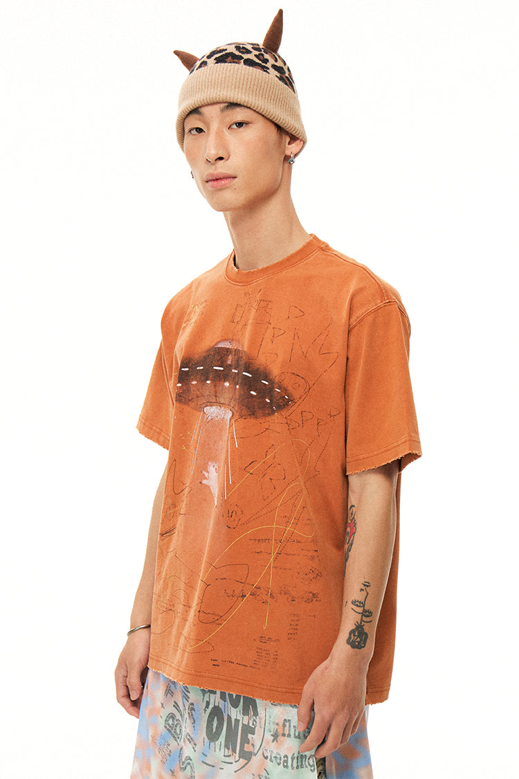 Alien Piggy 230g UFO Piggy Print Orange Short Sleeve T-Shirt