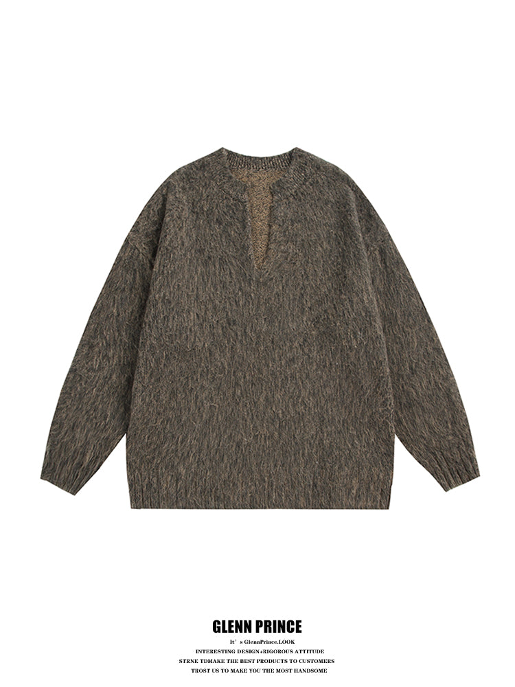 GPstudio American Style Trendy Brand Seahorse Wool V-Neck Sweater for Men Spring Melad Brown Lazy Top Knitted Shirt