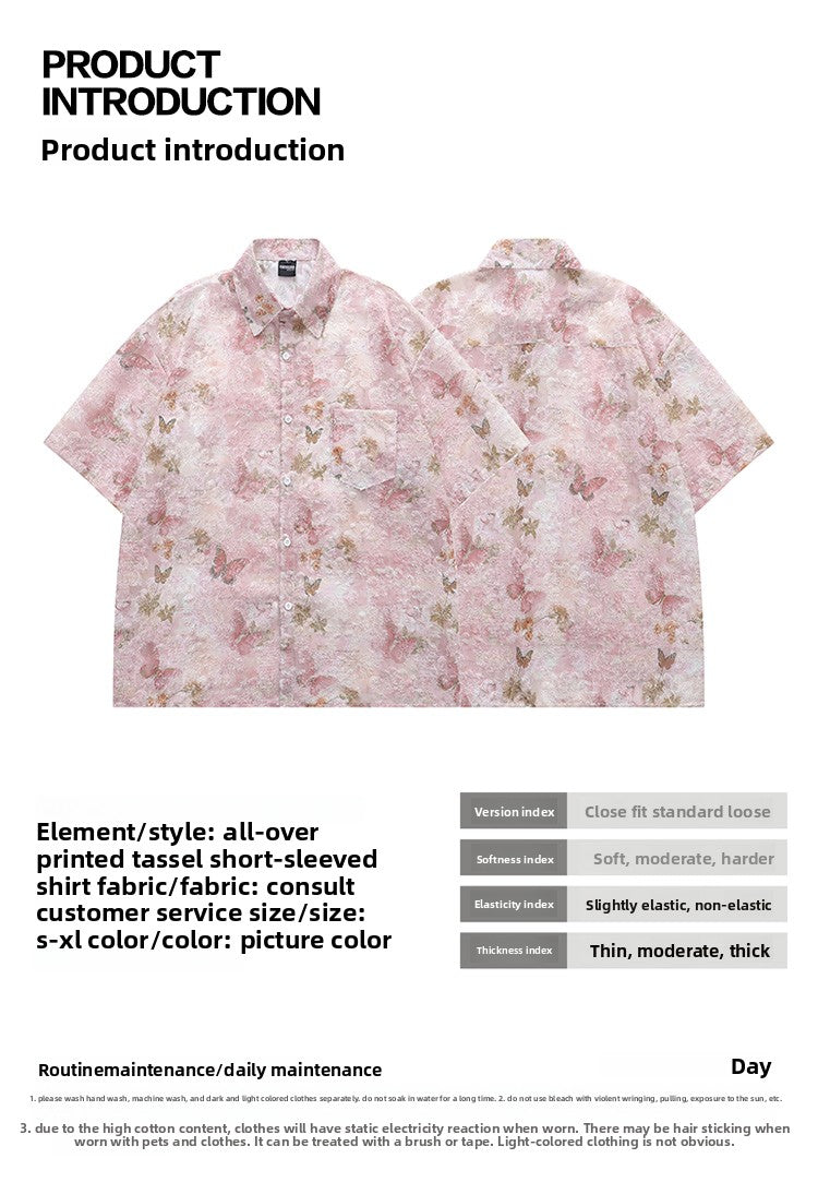 Lazy Style Tassel Butterfly Full Print Short Sleeve Shirt for Men Summer Design Sense Niche Beach Floral Shirt