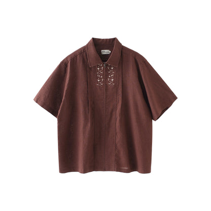 25SS Ramie Blend Passionflower Embroidery Washed Vintage Japanese Style Retro Short Sleeve Shirt