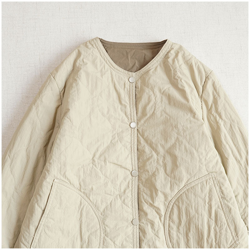 Reversible Quilted Cotton Jacket – Lightweight Loose Fit with Round Neck for Spring/Autumn