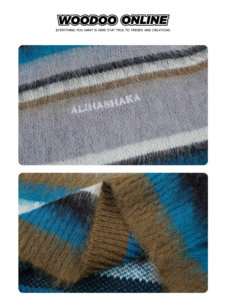 Shuixi Zhanqiao WOODOO Designer Brand Retro Round Neck Color Block Striped Unisex Knitted Sweater