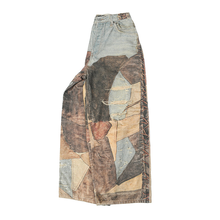 Beauty tide retro old hole patch 3D printing jeans dyed loose wide-leg pants