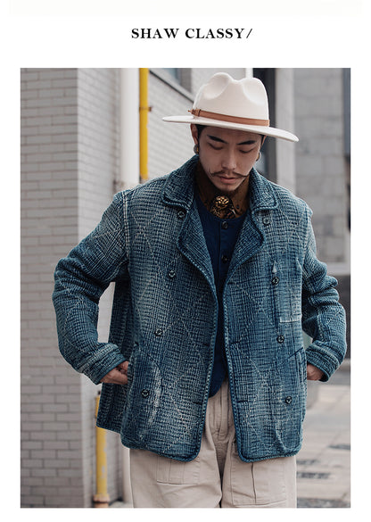 Retro Sashiko Washed Double-Breasted Jacket – Heavy Indigo Denim Workwear (Unisex)