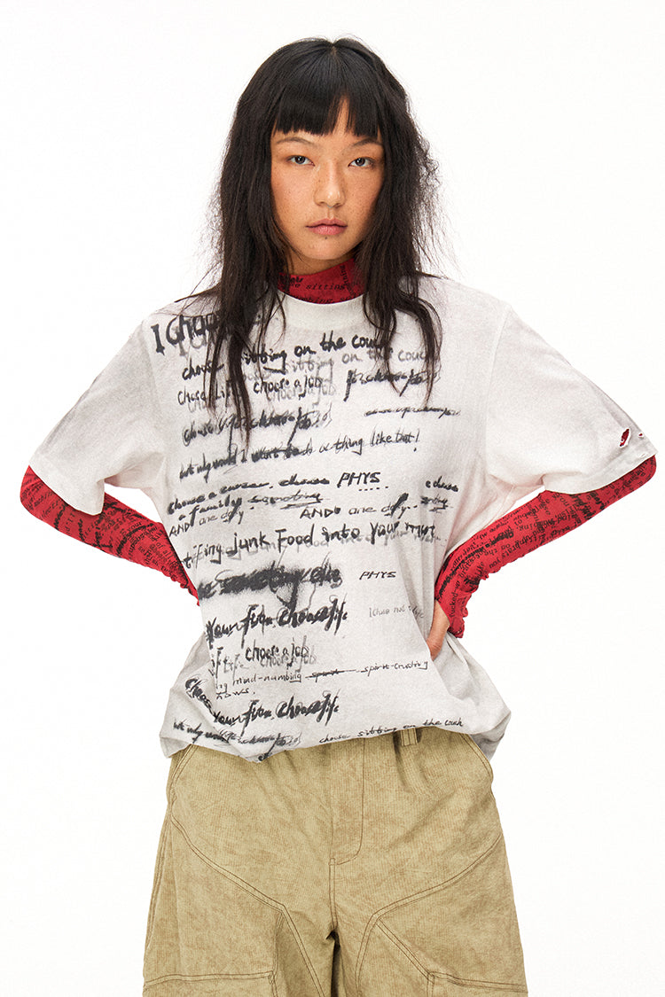 Handwritten Print Soft Skin-friendly Distressed Loose Short Sleeve T-shirt