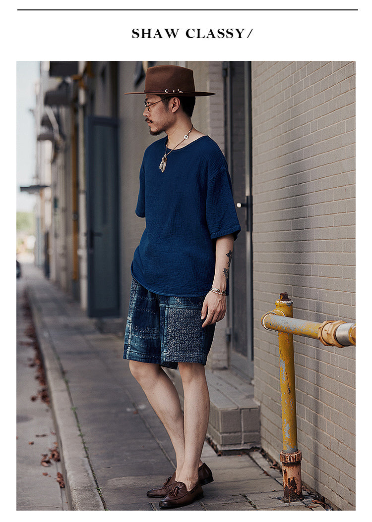 Original Japanese Retro Indigo Dyed Loose Couple Style Casual Short Sleeve T-Shirt