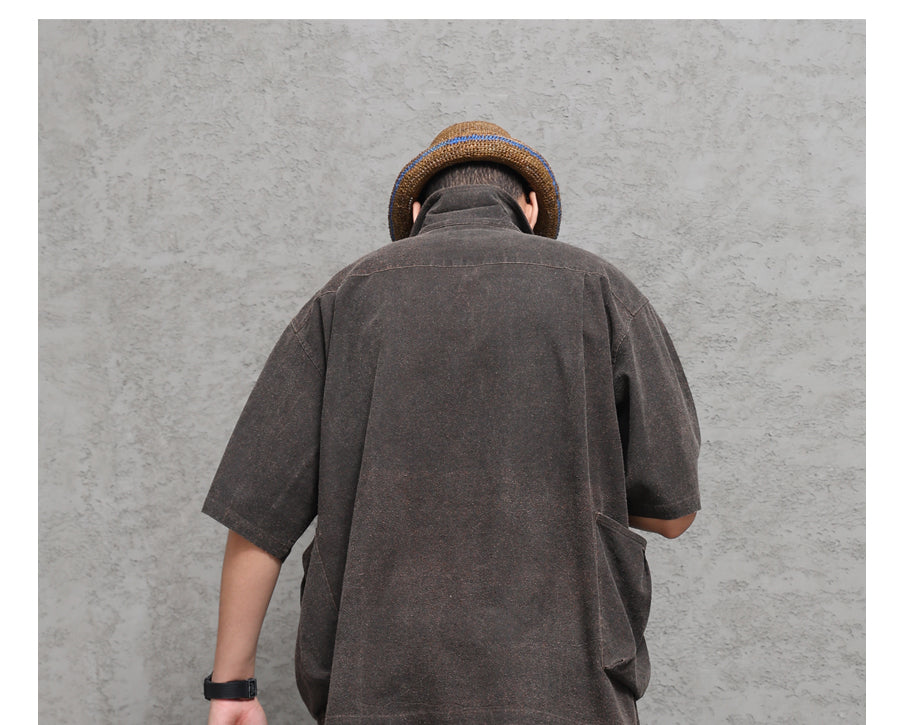 Wild Silk Cuban Collar Half Sleeve Shirt Men's Dye Yam Dyed Tussah Silk Aloha Retro Short Sleeve Shirt Summer