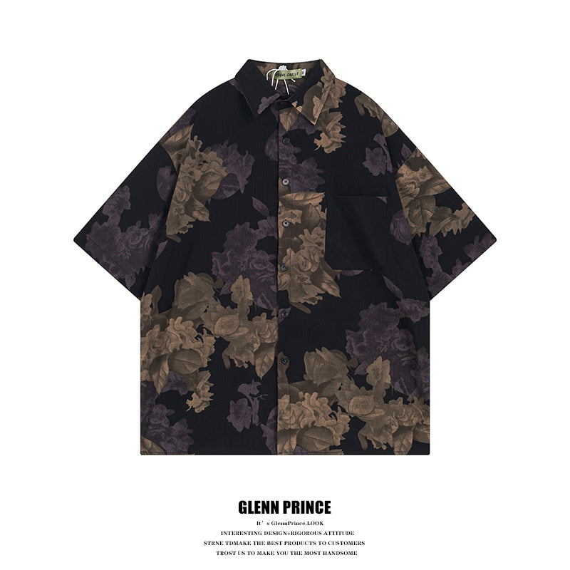 Thai Retro Baroque Short Sleeve Floral Shirt for Men Summer Beach Cool Casual Shirt Top