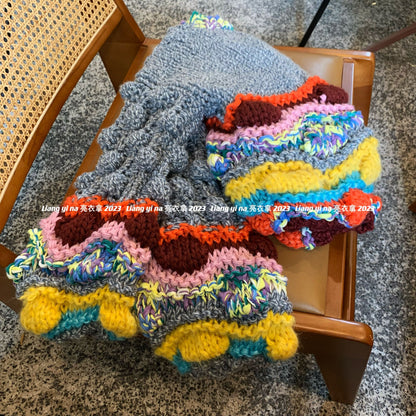 Women's 2023 Autumn Winter Handmade Color Block Cardigan - 3D Particle Ball V-Neck Loose Lazy Knitted Coat