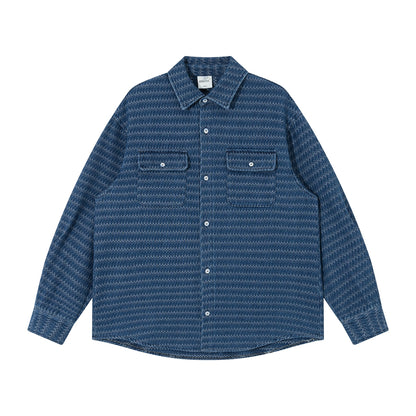 Japanese Ethnic Jacquard Denim Shirt Jacket – Loose & Cozy for Autumn/Winter