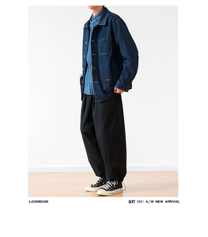 Japanese Retro Workwear Denim Shirt – Loose Turn-Down Collar for Spring/Autumn