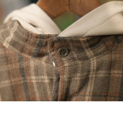 Men's Japanese Style Fake Two-Piece Hooded Plaid Cotton Jacket