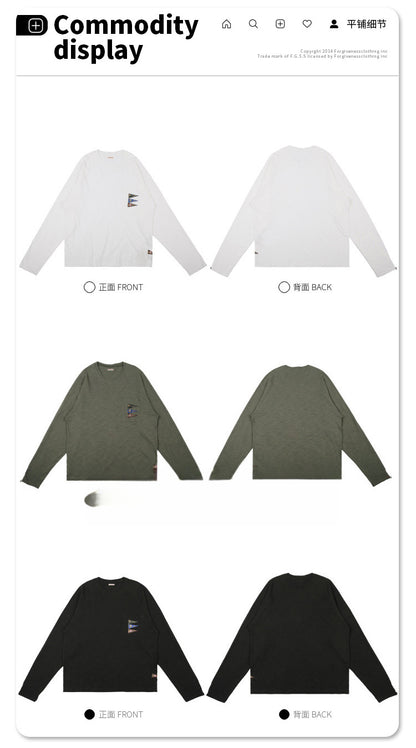Japanese Style Flag Embroidery Loose Round Neck Men's Versatile Long Sleeve T-Shirt