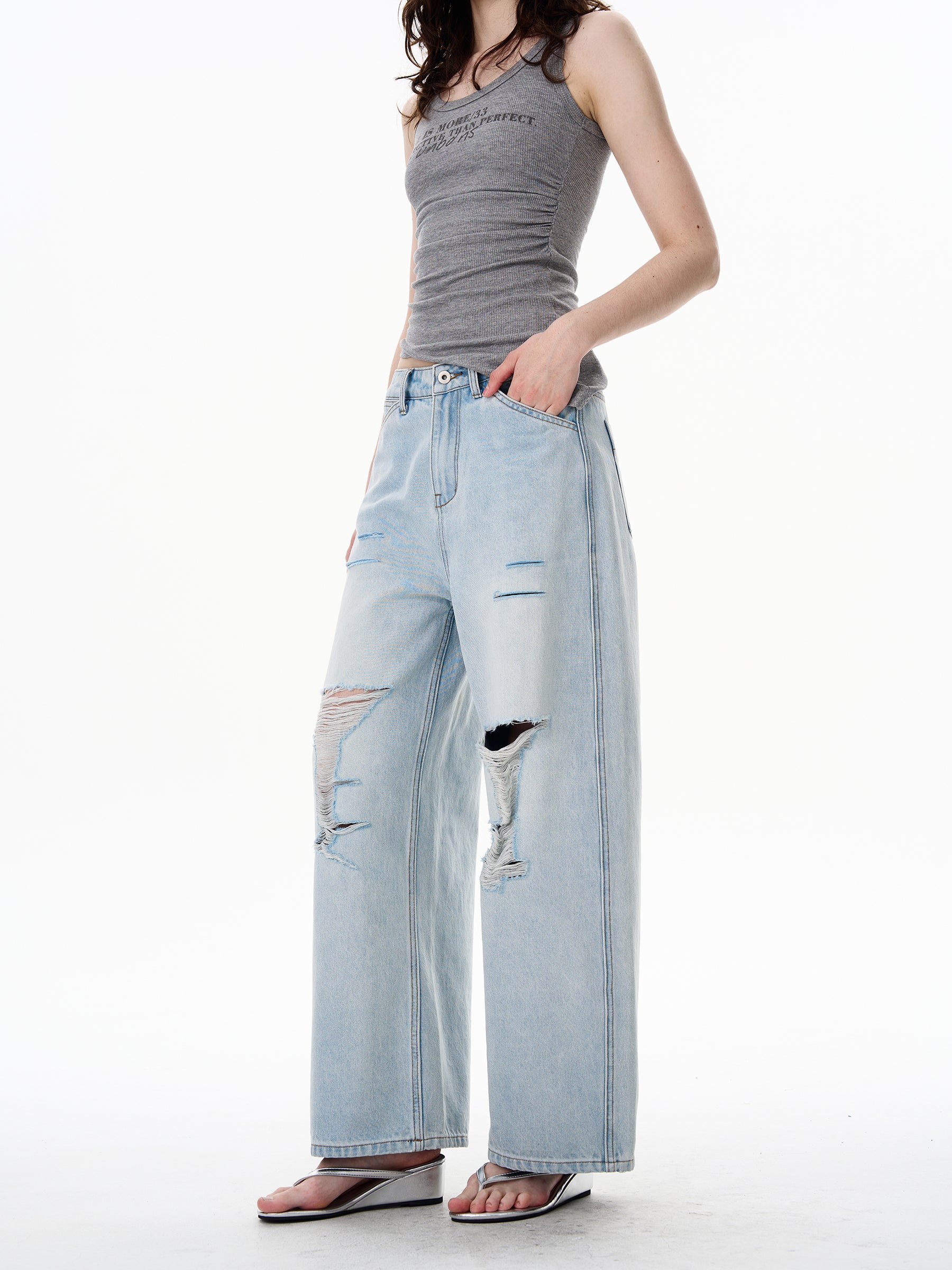 American Style Distressed Light Blue Jeans Trendy Brand Men's Cool Street Style High-End Pants