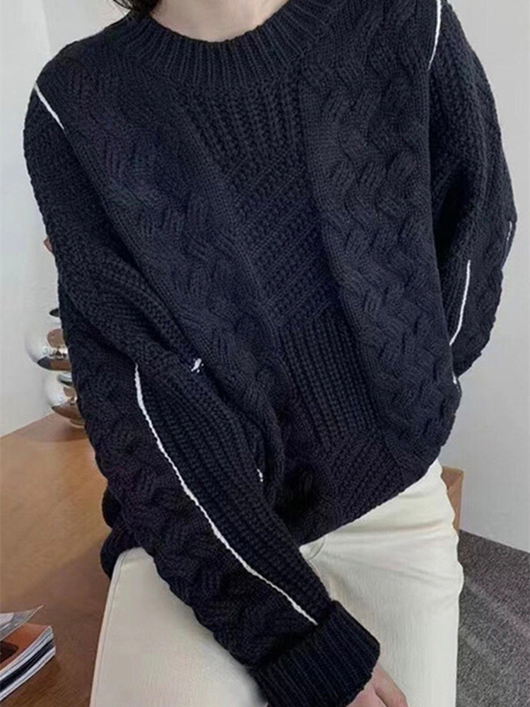 I.Tchooiate Retro Japanese Style Lazy Round Neck Cable Knit Sweater for Women, Thickened Design Top for Autumn and Winter