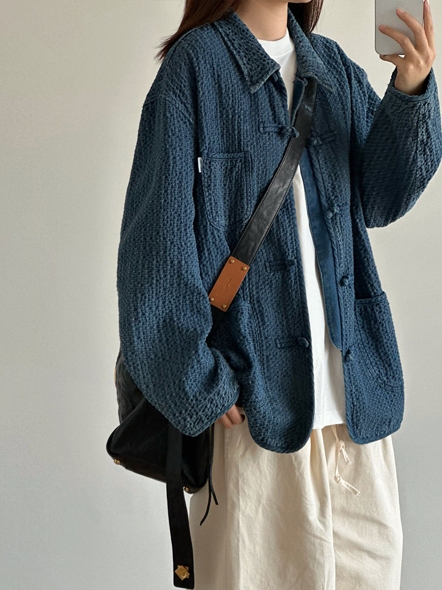 New Chinese Style Textured Jacket Washed Vintage Jacket Japanese Style Button Gradient Denim Loose Workwear Unisex