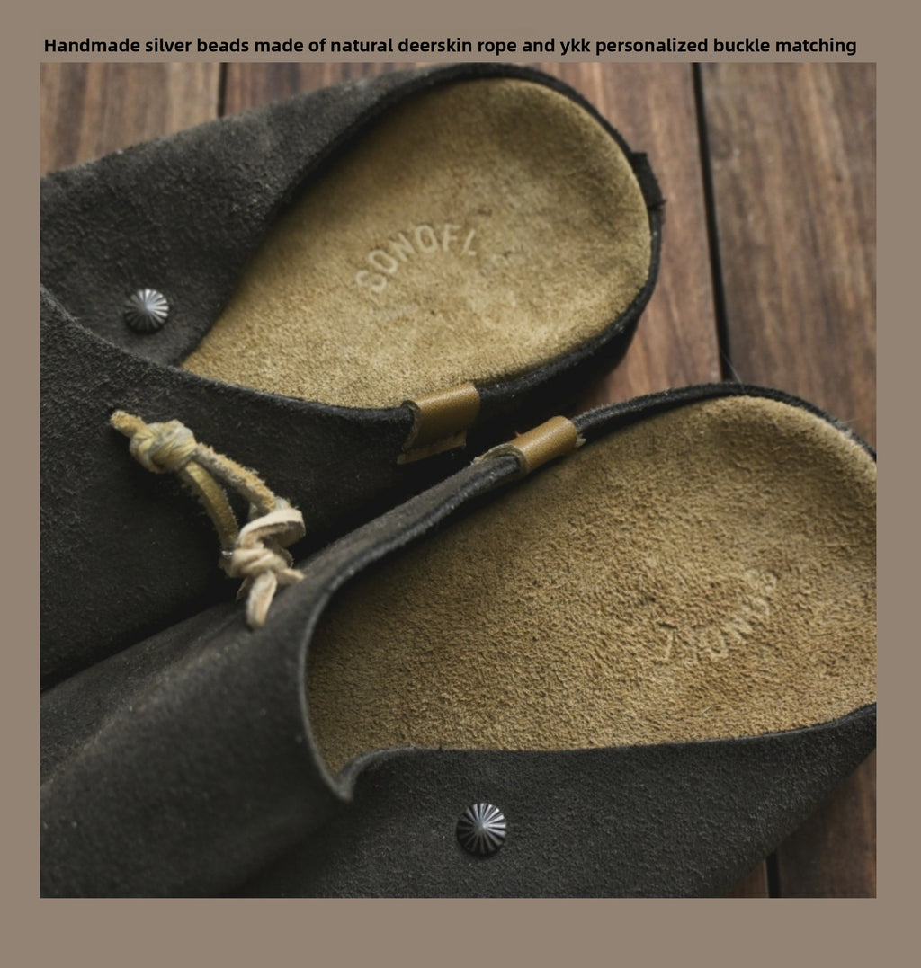 Sonofloong Retro Genuine Leather Mules - Silver Buckle Thick-Soled Cork Birkenstock Style