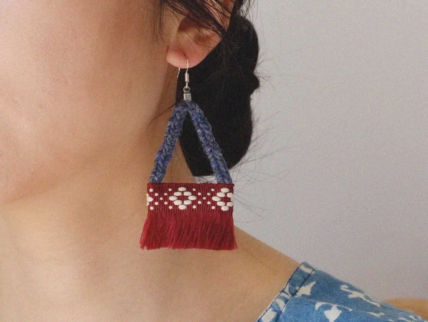 Original Earrings Niche Design Sense High-end Unique Color-blocking Handmade Crochet Silver Ear Studs