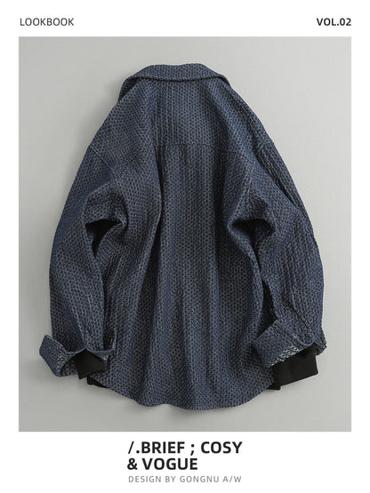 Japanese Retro Lattice Texture Denim Shirt - Loose Casual Lapel Shirt (Men)