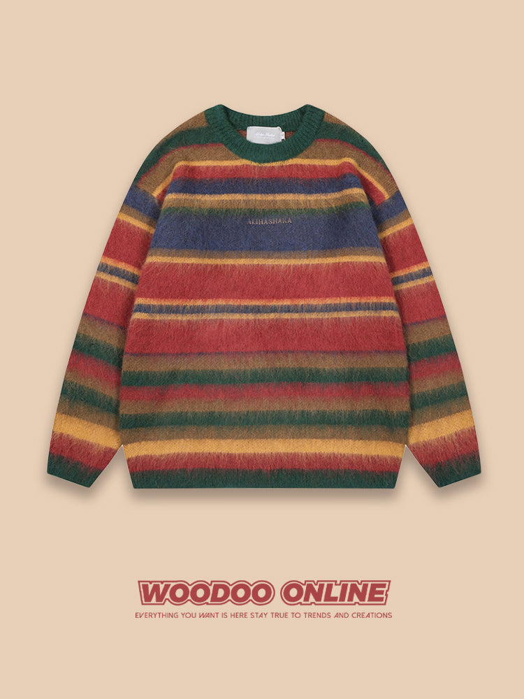 WOODOO Unisex Retro Knitted Sweater - Color Block Striped Round Neck Top