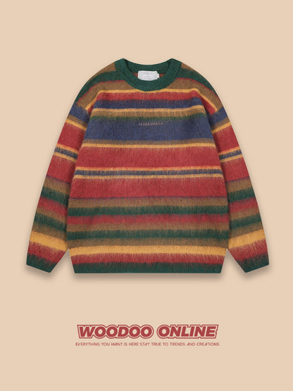 WOODOO Unisex Retro Knitted Sweater - Color Block Striped Round Neck Top
