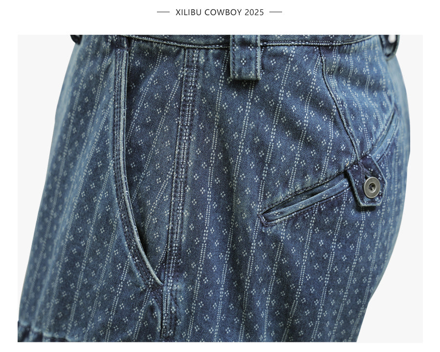 Blue Dyed Jacquard Loose Fit Scimitar Cropped Pants Japanese Retro Style with Large Pockets Casual Mid-Length Shorts