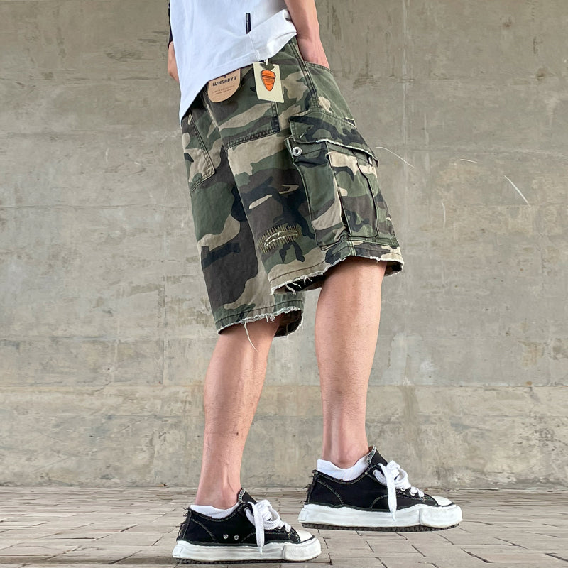 Men's American Street Retro Cargo Pants - Camouflage Heavy Washed Ripped Straight-Leg Pants