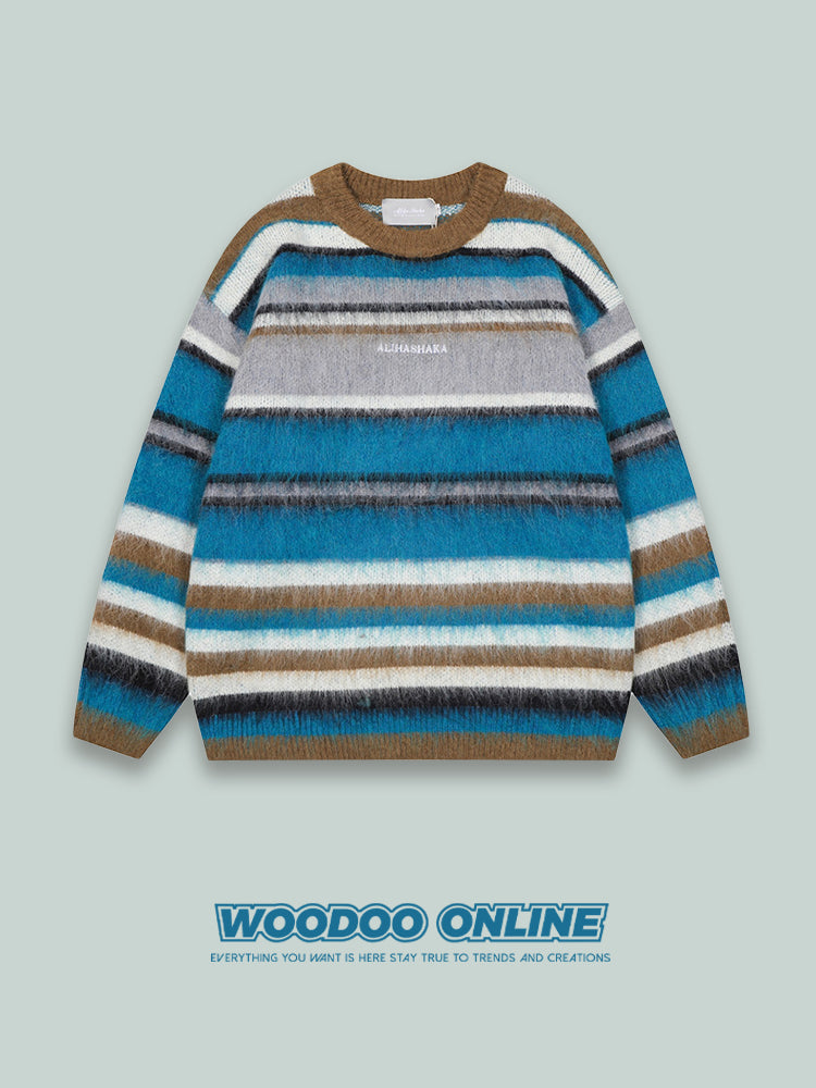 Shuixi Zhanqiao WOODOO Designer Brand Retro Round Neck Color Block Striped Unisex Knitted Sweater