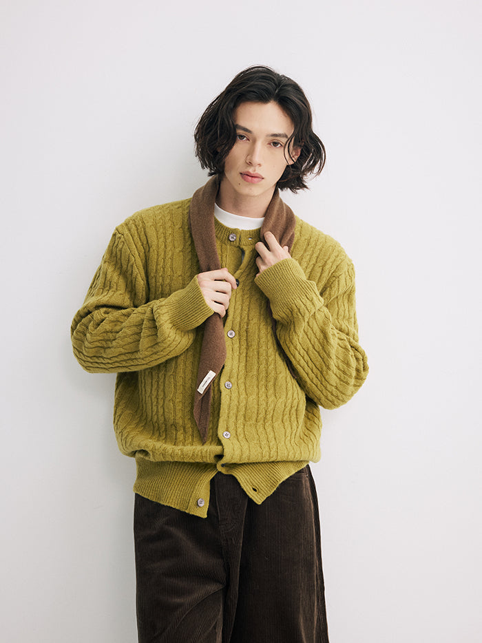 Coke Life Carpem 100% Wool Cable Knit Cardigan - Winter Lazy Style Round Neck Sweater