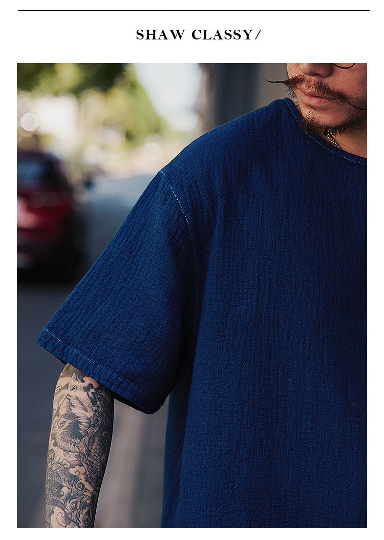 Original Japanese Retro Indigo Dyed Loose Couple Style Casual Short Sleeve T-Shirt