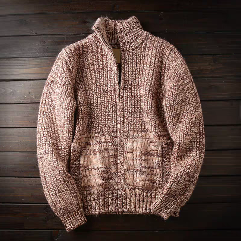 Italian Pure Wool Stand-Collar Cardigan – 100% Heavyweight Knit Sweater Jacket for Autumn/Winter