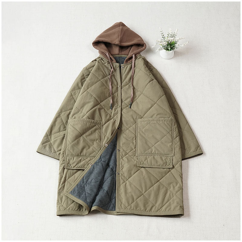 Warm Mid-Length Hooded Quilted Cotton Jacket – Loose, Retro Japanese Outerwear for Women