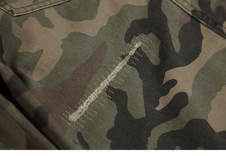 Men's American Street Retro Cargo Pants - Camouflage Heavy Washed Ripped Straight-Leg Pants