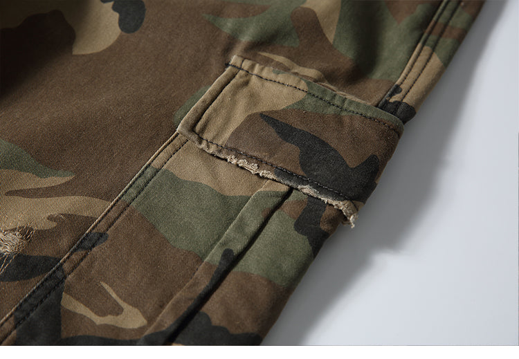 Men's American Street Retro Cargo Pants - Camouflage Heavy Washed Ripped Straight-Leg Pants