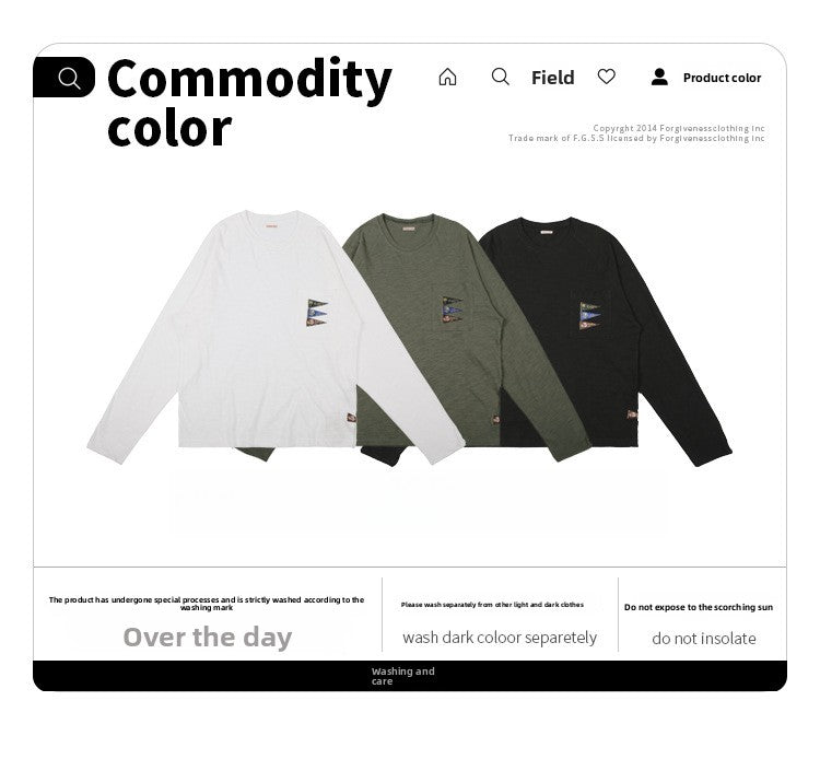 Japanese Style Flag Embroidery Loose Round Neck Men's Versatile Long Sleeve T-Shirt