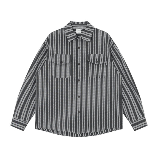 Japanese Vintage Vertical Striped Oversized Long-Sleeve Shirt – Loose Fit Black & Grey