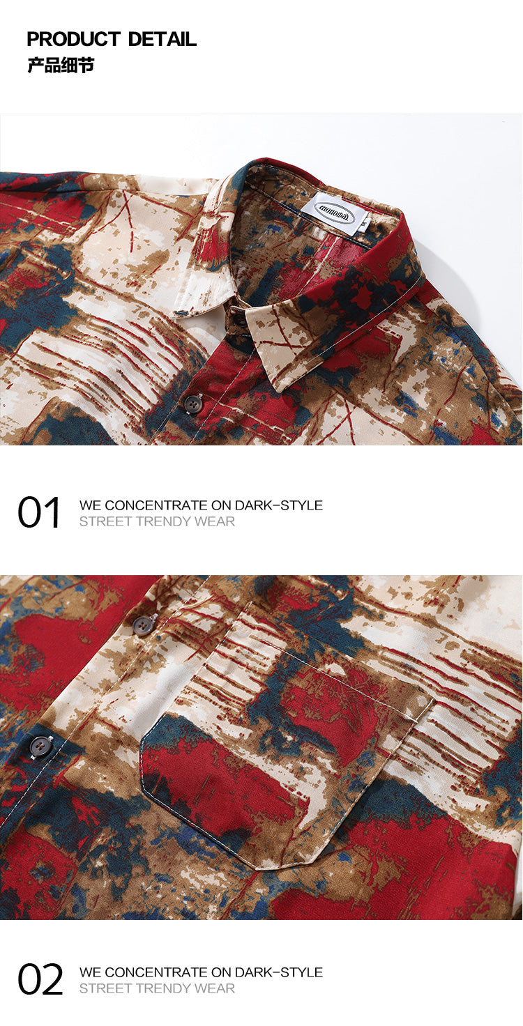Trendy Street Irregular Oil Painting Full Print Long Sleeve Shirt for Men Autumn Niche Casual Shirt Jacket