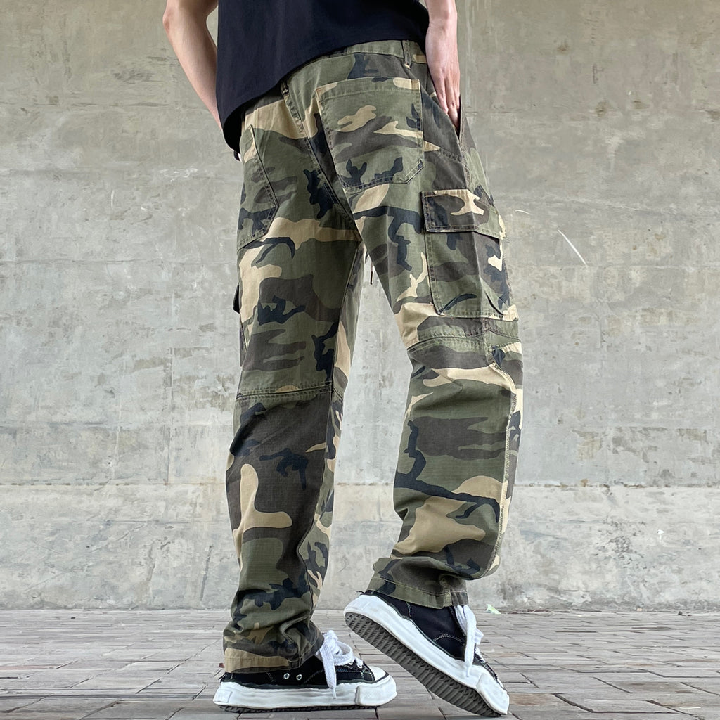 Men's American Street Retro Cargo Pants - Camouflage Heavy Washed Ripped Straight-Leg Pants