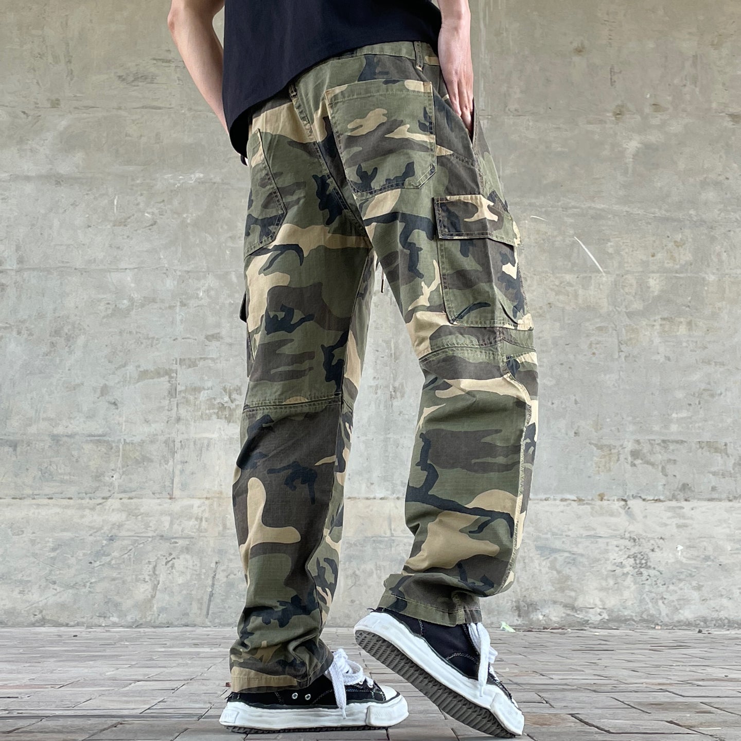 Men's American Street Retro Cargo Pants - Camouflage Heavy Washed Ripped Straight-Leg Pants