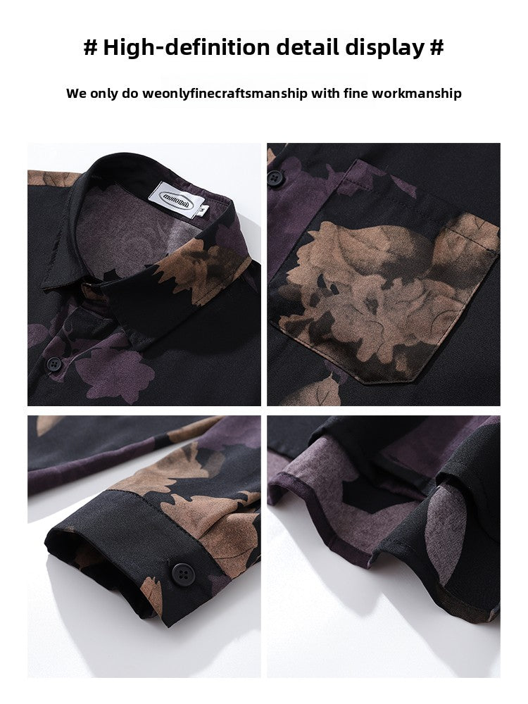 Thai Hawaiian Floral Full Print Long Sleeve Shirt for Men Autumn Trendy Casual Baroque Shirt