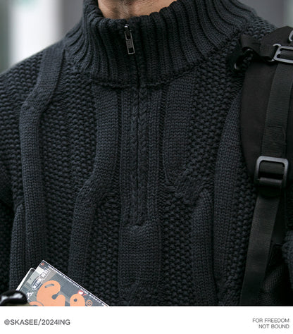 Men's Winter Heavyweight Cable Knit Sweater - American Retro Half-Zip Stand Collar