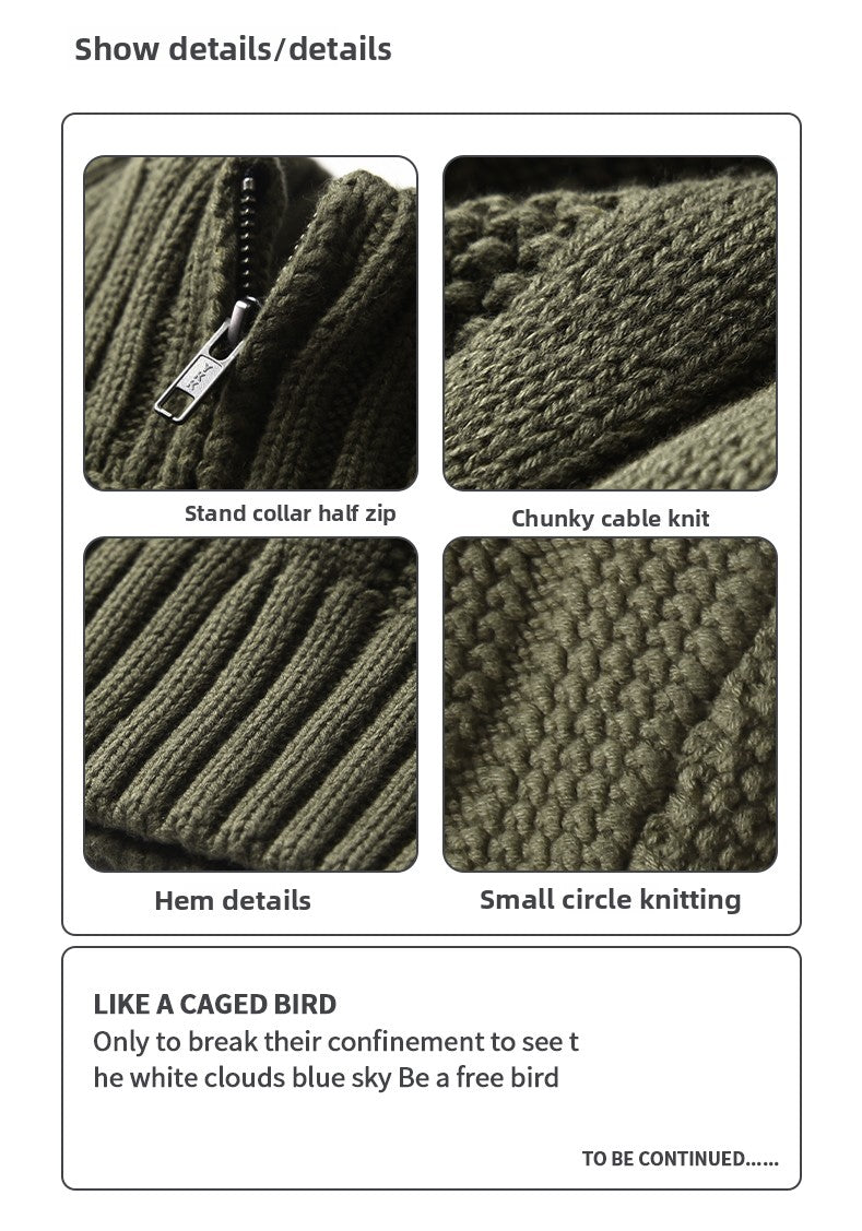 Men's Winter Heavyweight Cable Knit Sweater - American Retro Half-Zip Stand Collar