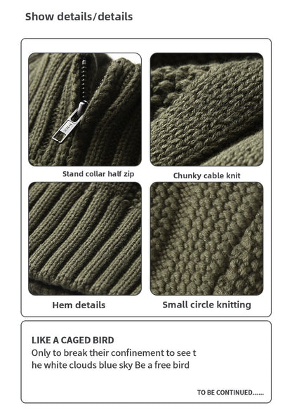 Men's Winter Heavyweight Cable Knit Sweater - American Retro Half-Zip Stand Collar
