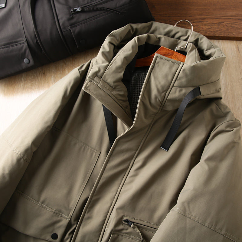 Men's Plus Size Workwear Down Jacket - Export Factory Cut Label Hooded Mid-Length Winter Coat