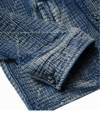 Retro Sashiko Washed Double-Breasted Jacket – Heavy Indigo Denim Workwear (Unisex)