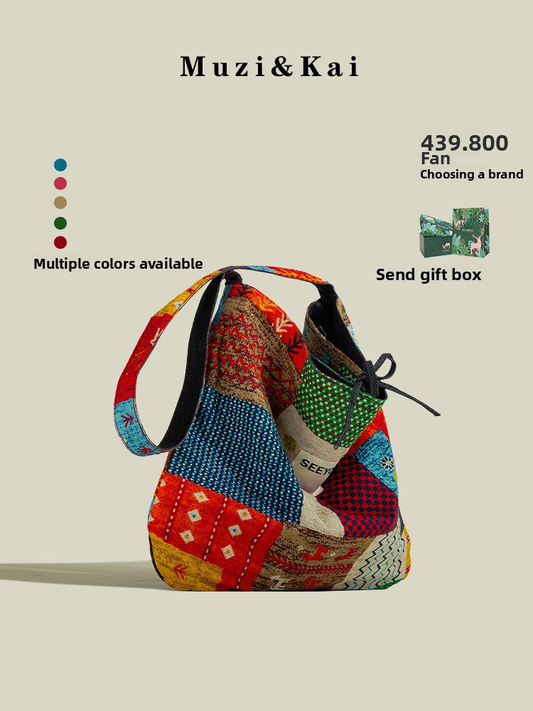 Large Capacity Tote Bag for Women 2025 New Fashion Retro Color Block Versatile Casual Commuter Shoulder Bag