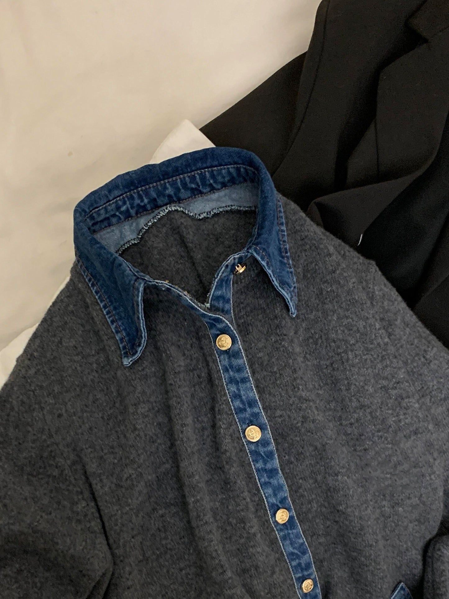 European Vintage Denim Patchwork Knit Cardigan - Polo Collar Sweater Jacket (Women)